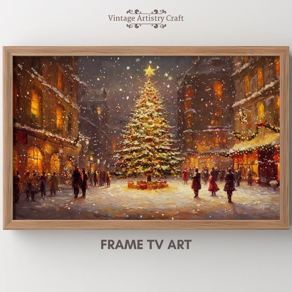 Winter Frame Tv Art Christmas Tree Warm Street Town Moody Farmhouse Tv Wall Decor Vintage Oil Painting 4k