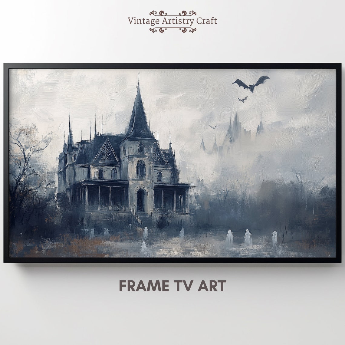 Misty Blue Grey Haunted Mansion Ghosts Bats Eerie Manor Poster