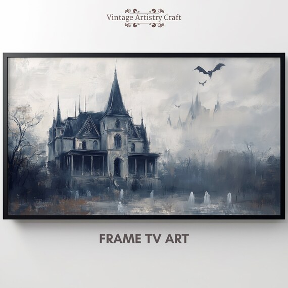 Misty Blue Grey Haunted Mansion Ghosts Bats Eerie Manor Poster