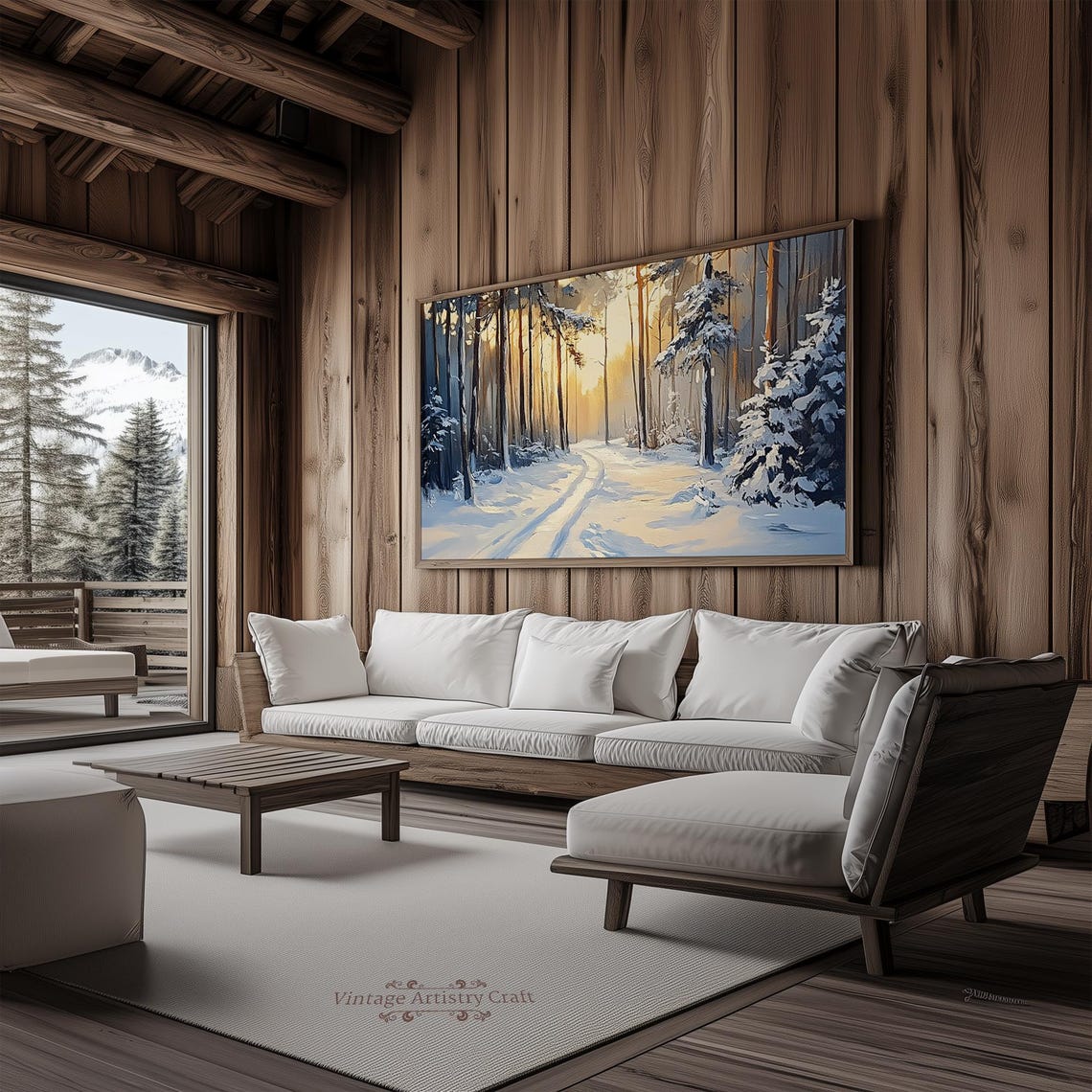 Sunlit Snowy Forest Path Golden Winter Trees Landscape Painting Poster - Image 4
