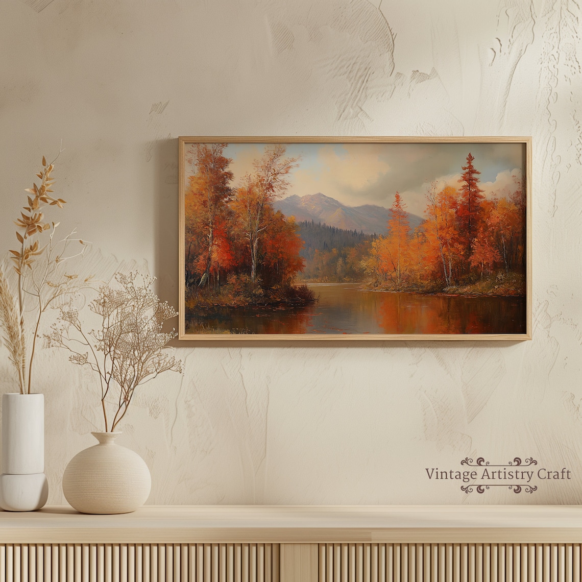 Autumn Lake Mountain Reflection Fall Foliage Landscape Painting Poster - Image 2