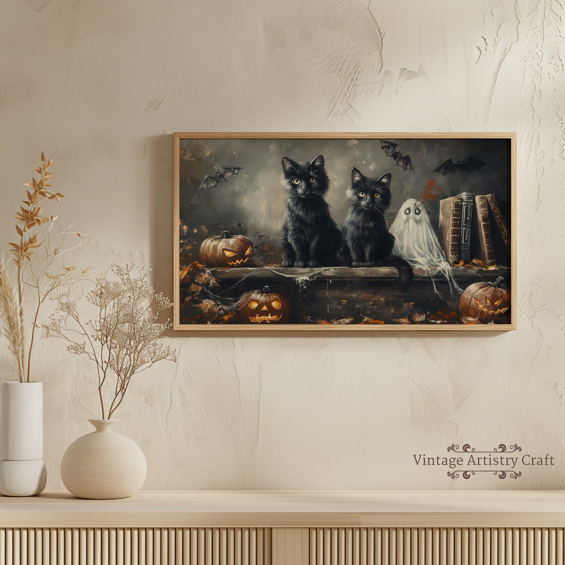 Cute Black Cats Halloween Retro Ghost Art Print - Image 4