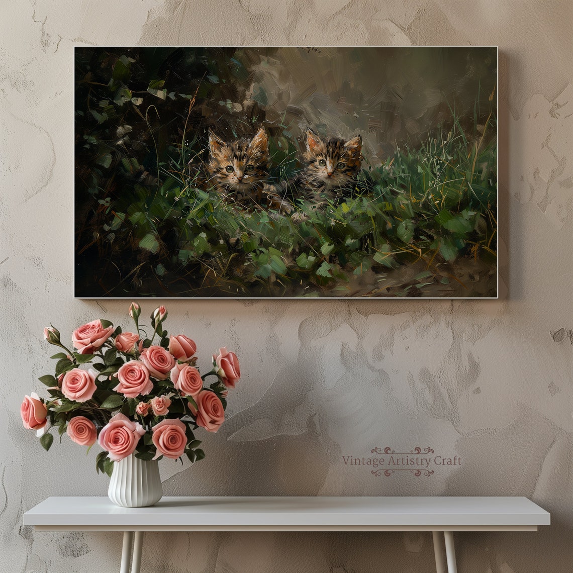 Two Tabby Kittens Peeking Through Grass Vintage Oil Painting Poster - Image 4