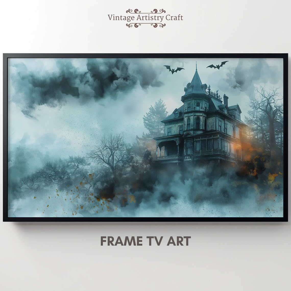 Misty Victorian Haunted Mansion Bats Eerie Gothic Halloween Poster