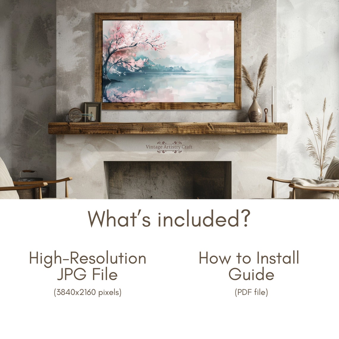 Cherry Blossom Tree Over Misty Lake Soft Pink Spring Painting Poster - Image 8