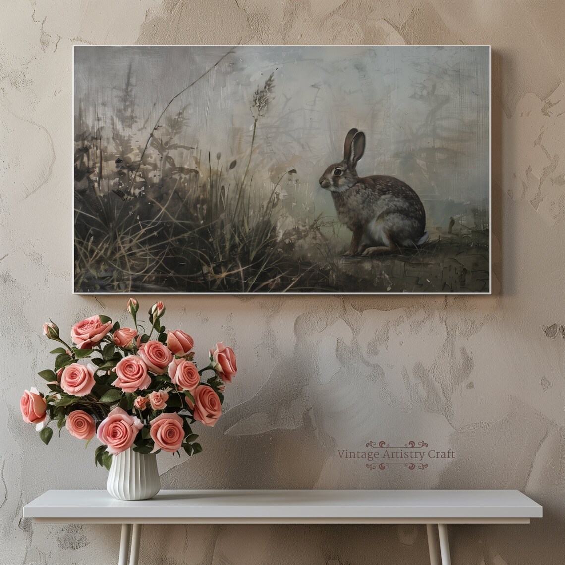 Vintage Cottontail Rabbit in Misty Field Wildlife Oil Painting Poster - Image 7