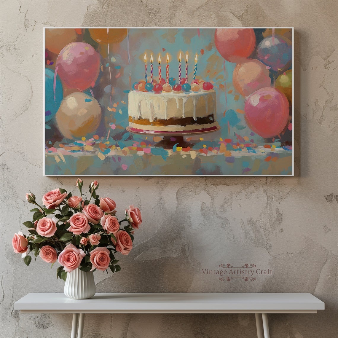 Colorful Birthday Cake Balloons Party Celebration Oil Painting Poster - Image 7