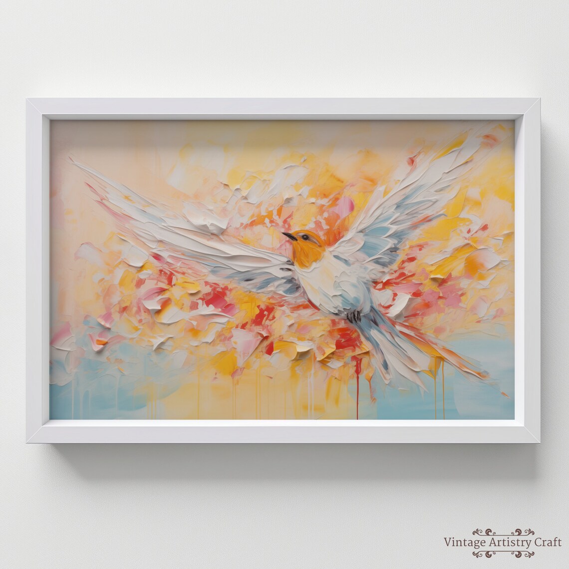 Flying Songbird in Pastel Sunrise Abstract Textured Bird Painting Poster - Image 5