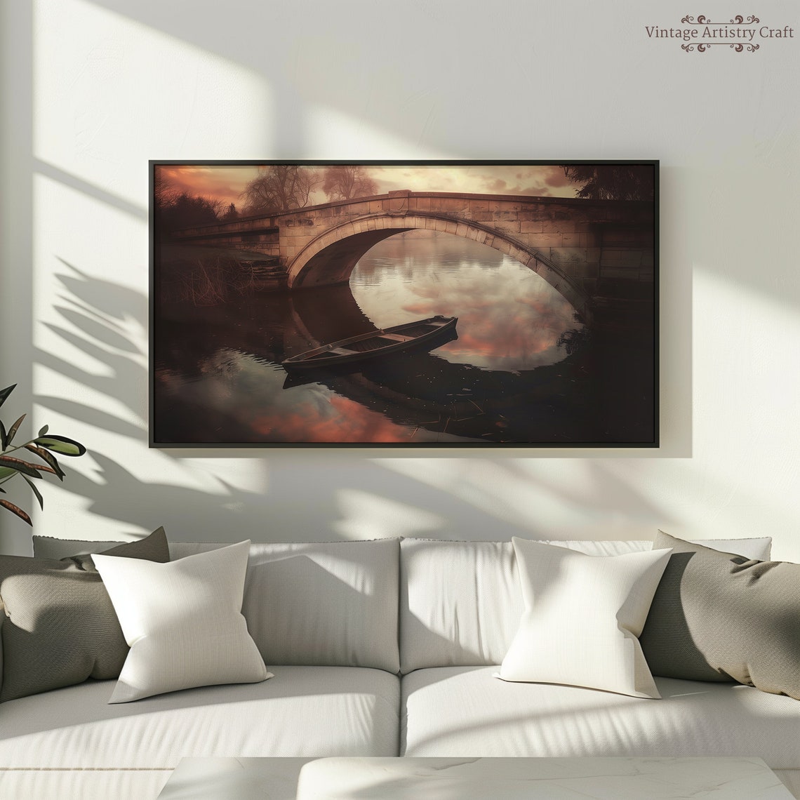 Old Stone Bridge and Rowboat Sunset Reflection Moody River Poster - Image 8
