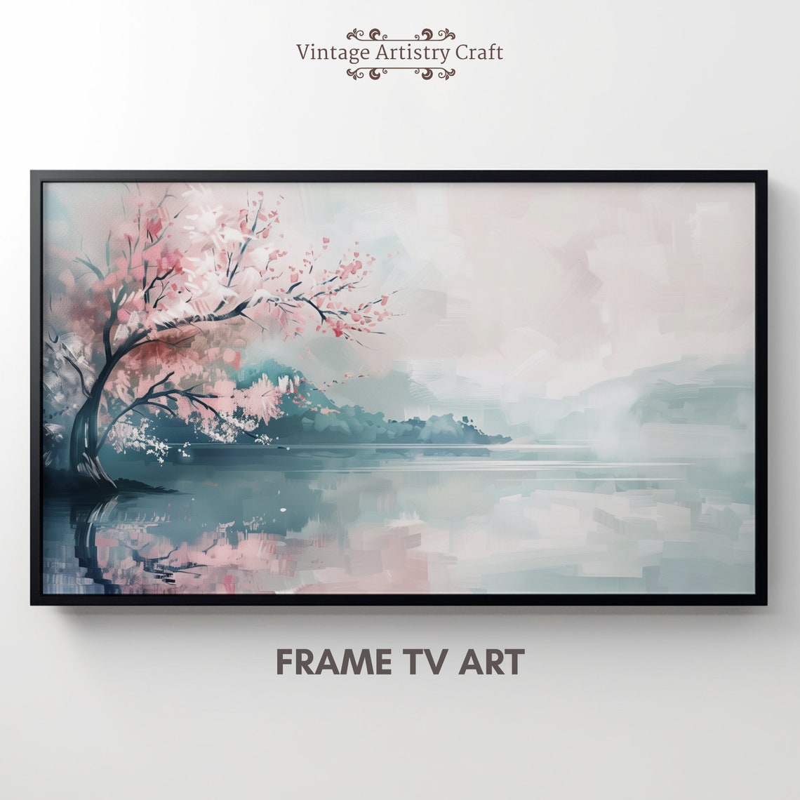 Cherry Blossom Tree Over Misty Lake Soft Pink Spring Painting Poster