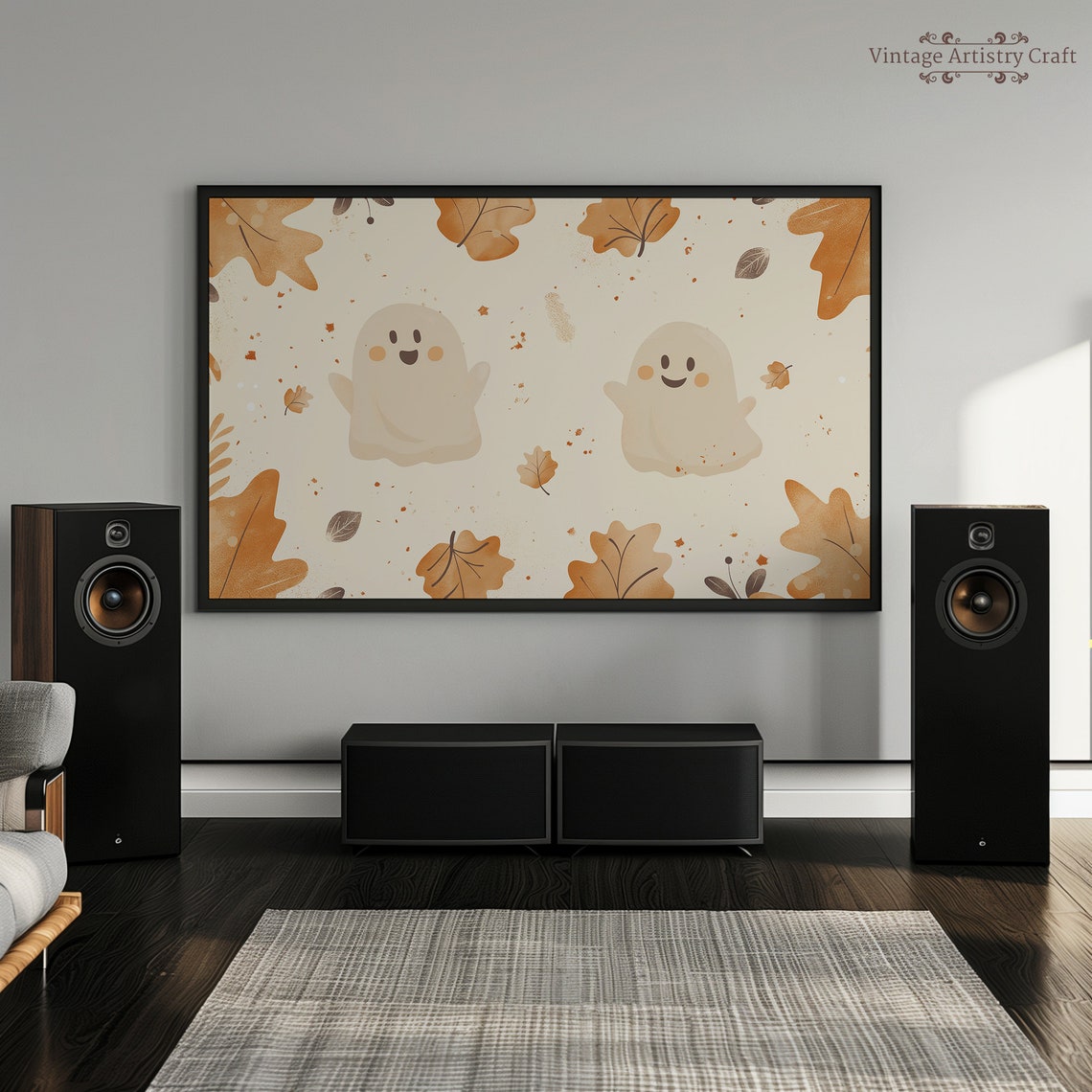 Cute Smiling Ghosts With Orange Autumn Leaves Halloween Poster - Image 3