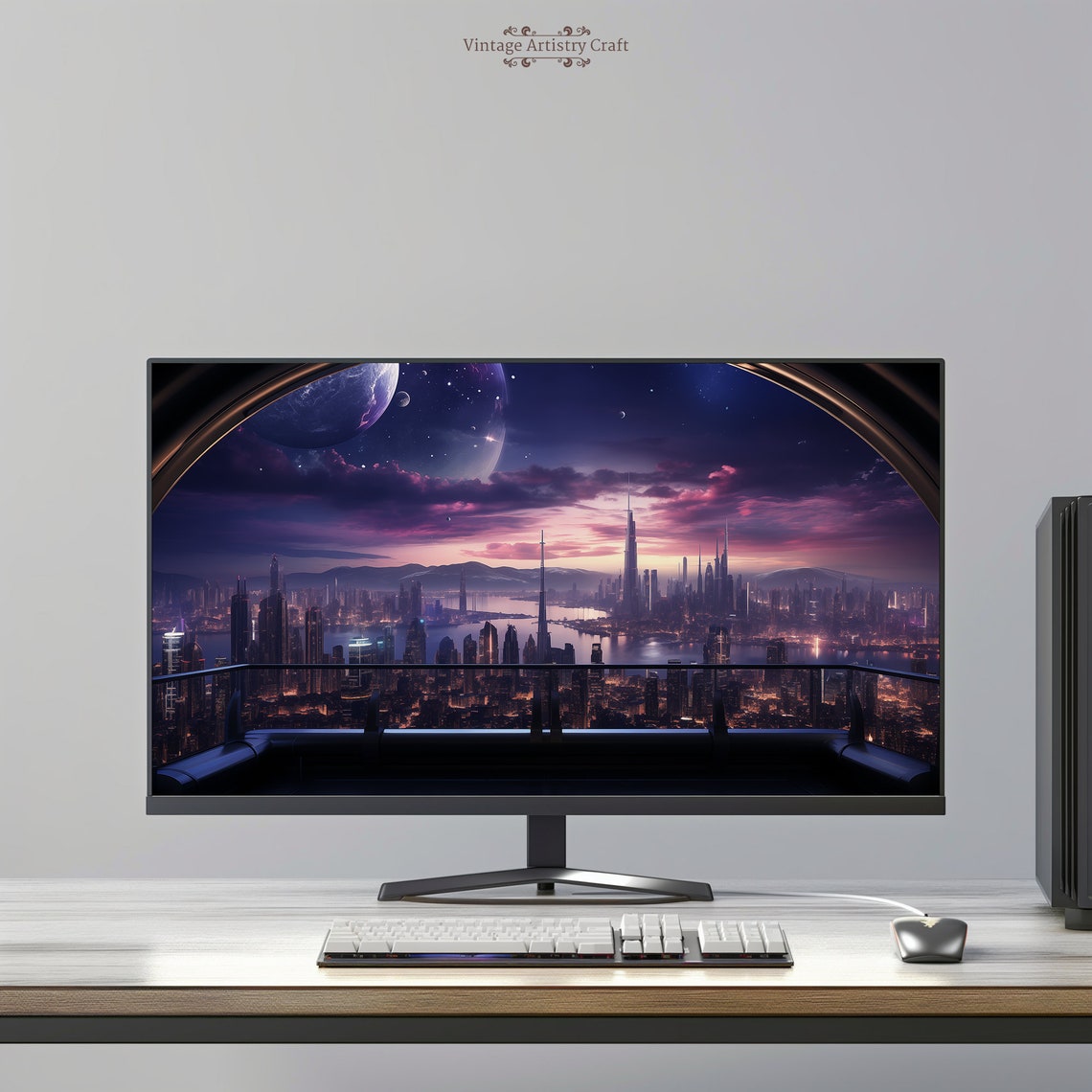 Futuristic Sci Fi City Skyline At Purple Planet Sunset Poster