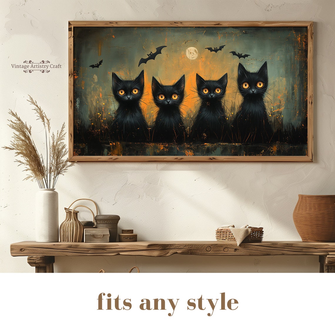 Four Black Cats Golden Eyes Bats Moon Spooky Halloween Poster - Image 8
