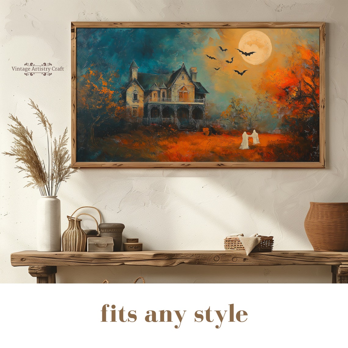 Victorian House Ghosts Bats Full Moon Orange Teal Halloween Poster - Image 8
