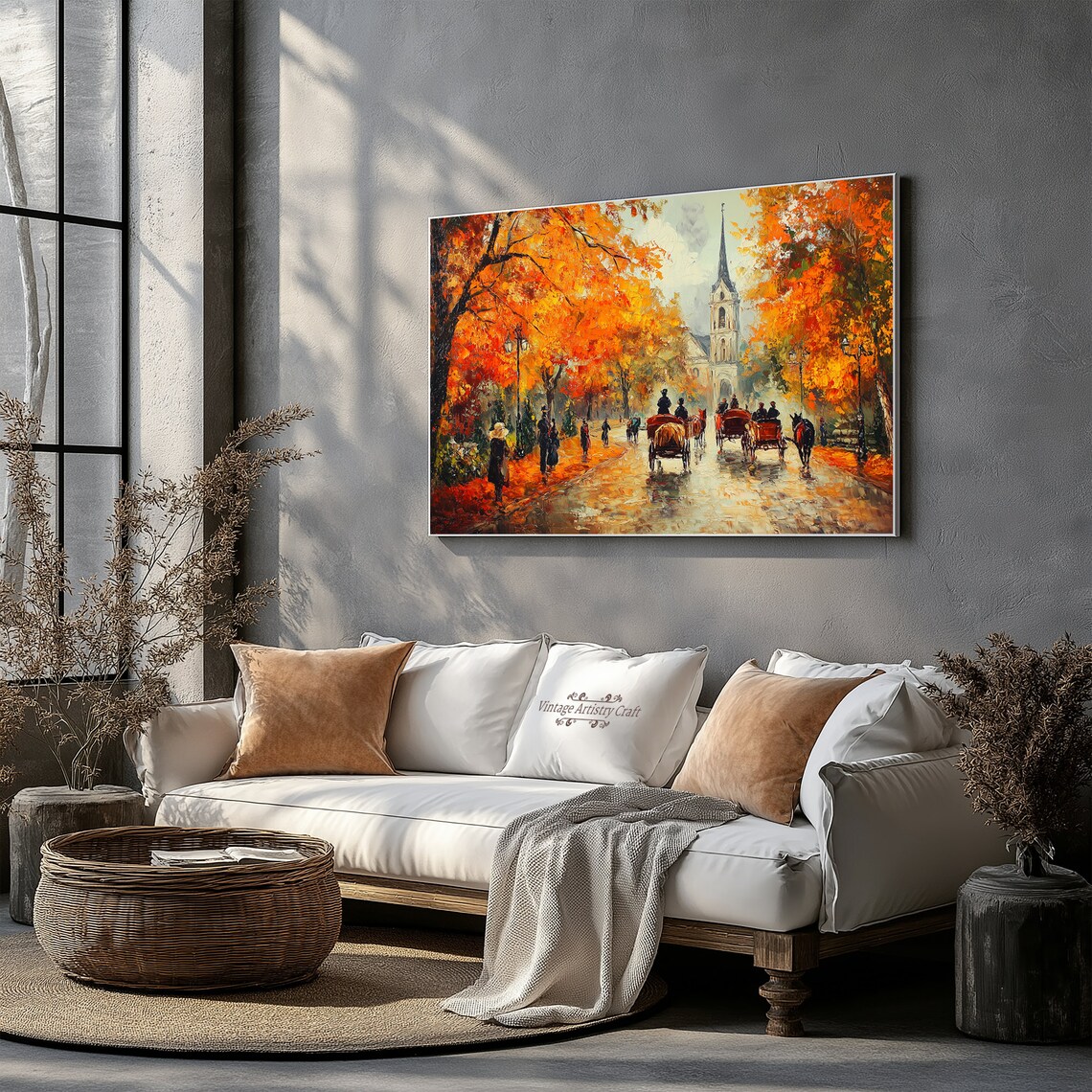 Textured Autumn Horse Carriage Vintage Oil Art Print - Image 3