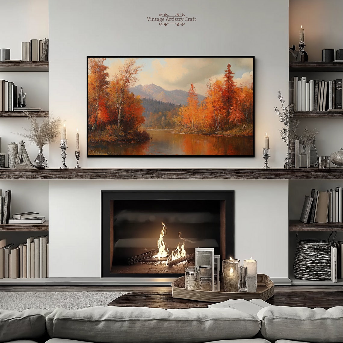 Autumn Lake Mountain Reflection Fall Foliage Landscape Painting Poster - Image 5