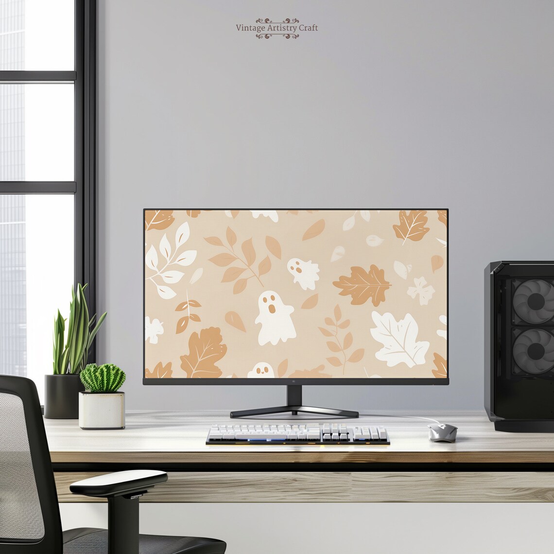 Cute Ghost Neutral Beige Aesthetic Halloween Art Print - Image 3