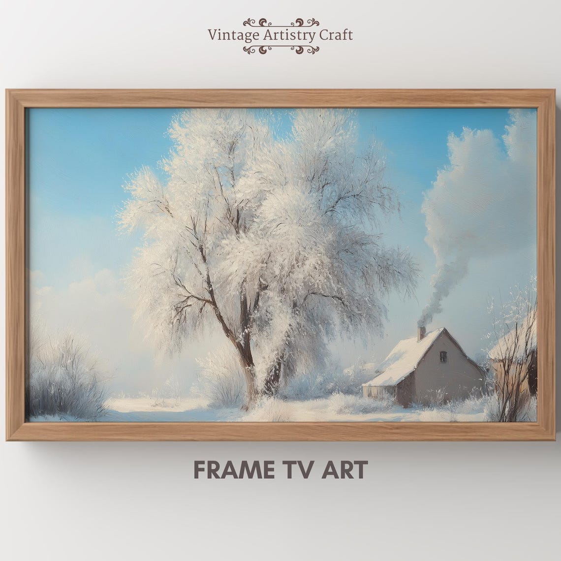 Frost Covered Tree Snowy Cottage Blue Sky Winter Peaceful Poster