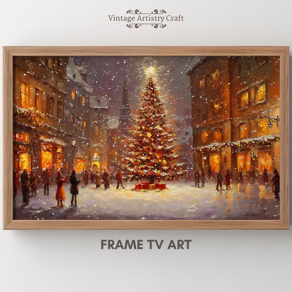 Winter Frame Tv Art Christmas Tree Warm Street Town Moody Farmhouse Tv Decor Vintage Oil Painting 4k