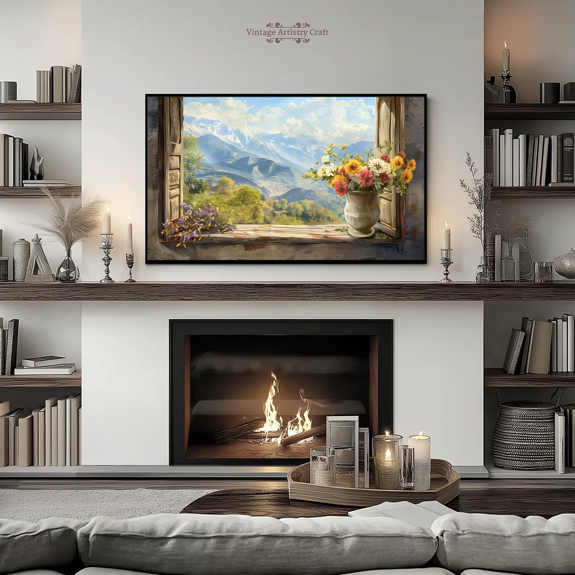 Mountain View Through Open Window Vase of Flowers Rustic Poster - Image 5