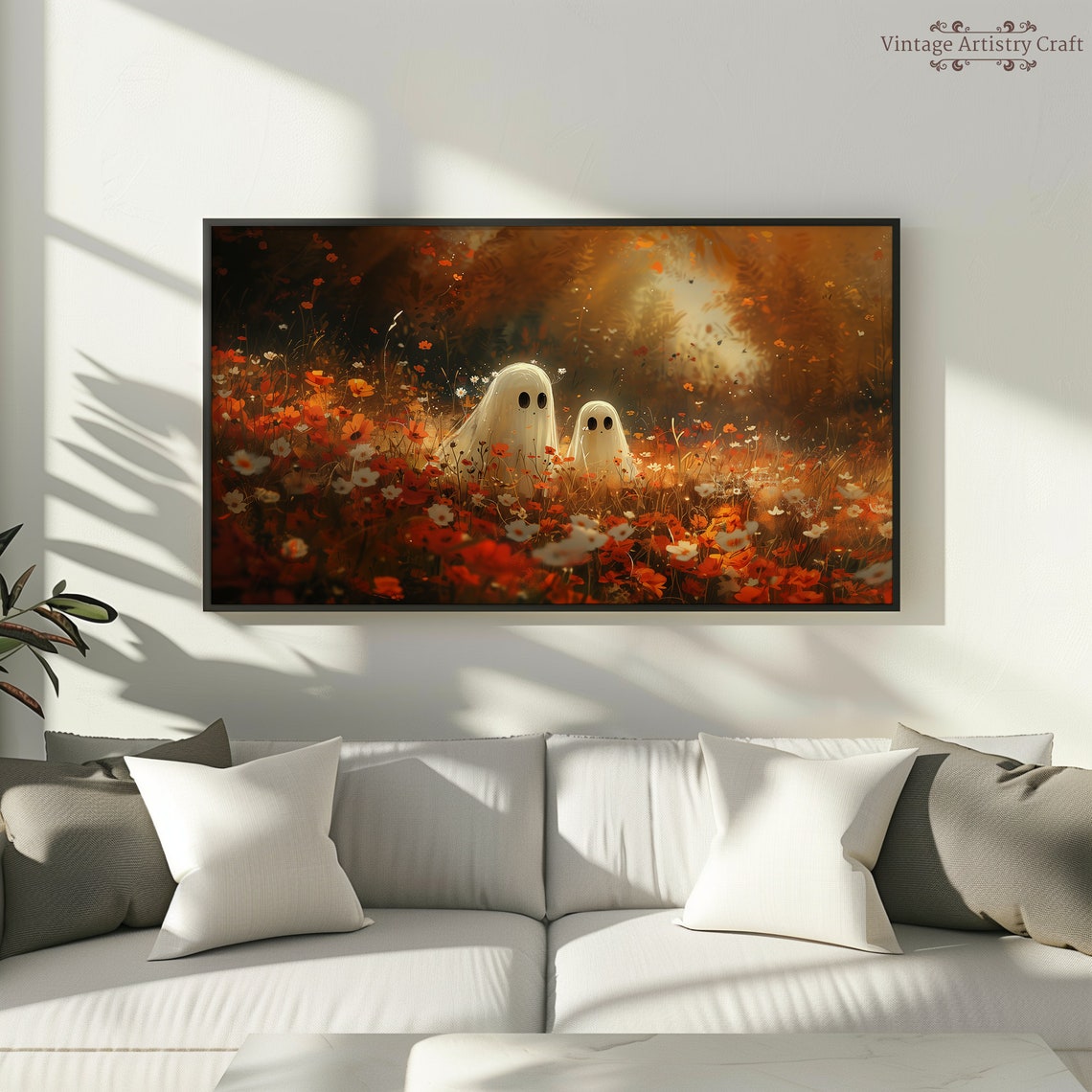 Cute Ghosts Autumn Wildflower Field Cozy Whimsical Halloween Poster - Image 2