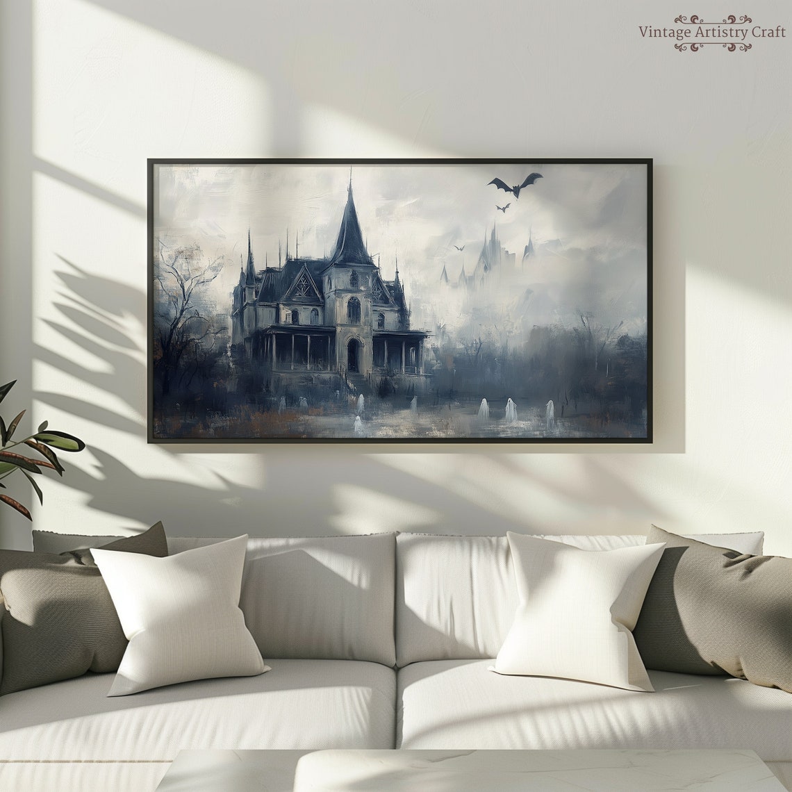 Misty Blue Grey Haunted Mansion Ghosts Bats Eerie Manor Poster - Image 4