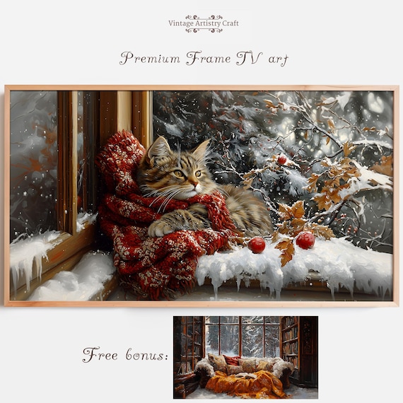 Winter Kitten Oil Painting, Vintage Christmas Decor