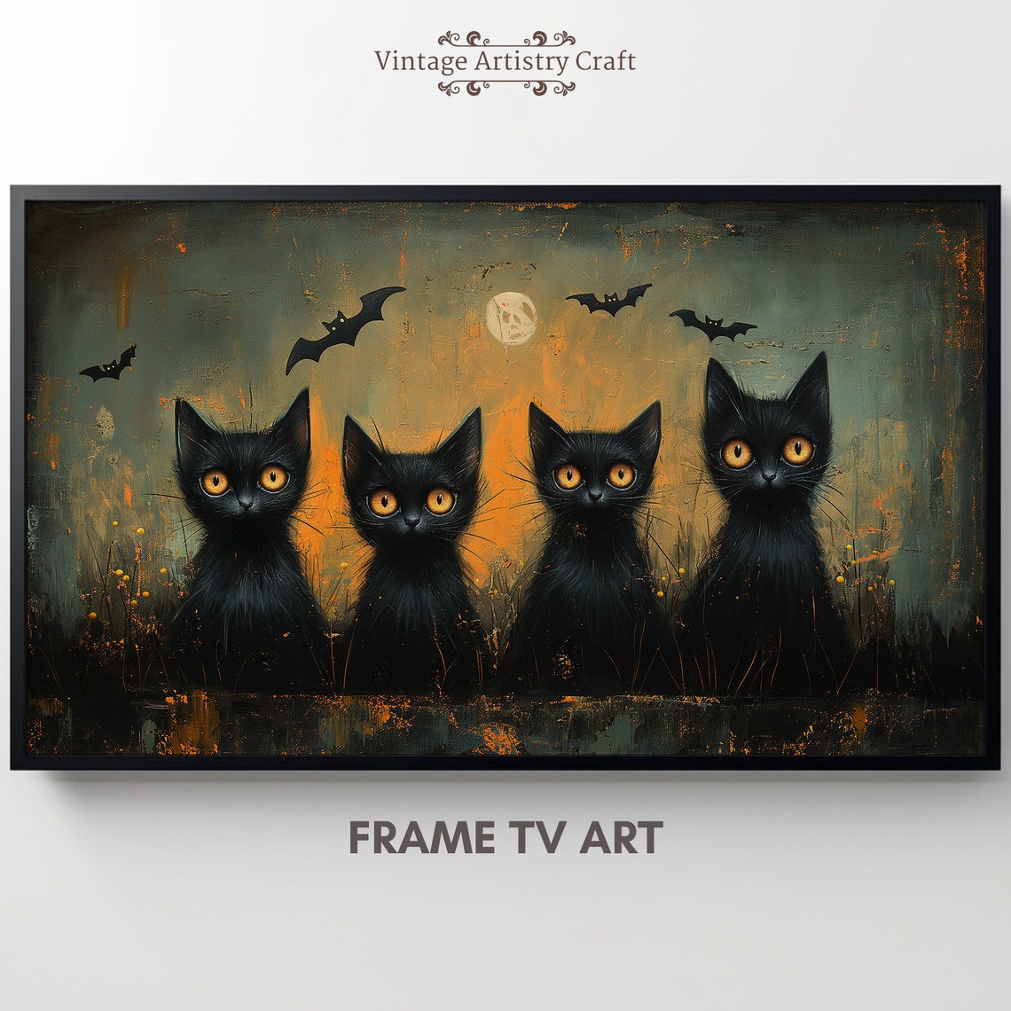 Four Black Cats Golden Eyes Bats Moon Spooky Halloween Poster