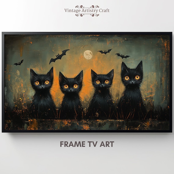 Four Black Cats Golden Eyes Bats Moon Spooky Halloween Poster