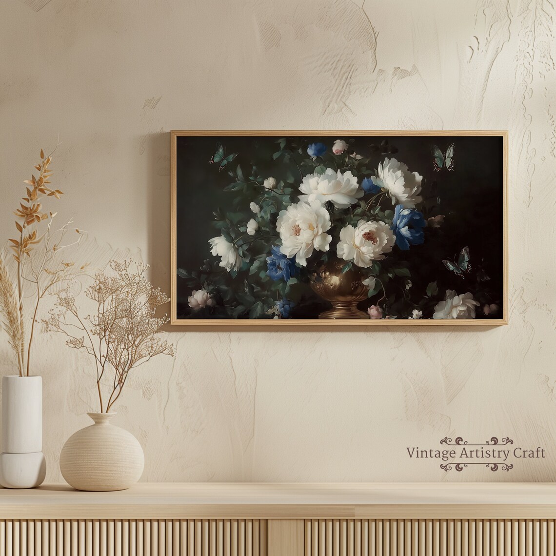 White Peonies Moody Floral Still Life Vintage Oil Painting Poster - Image 6