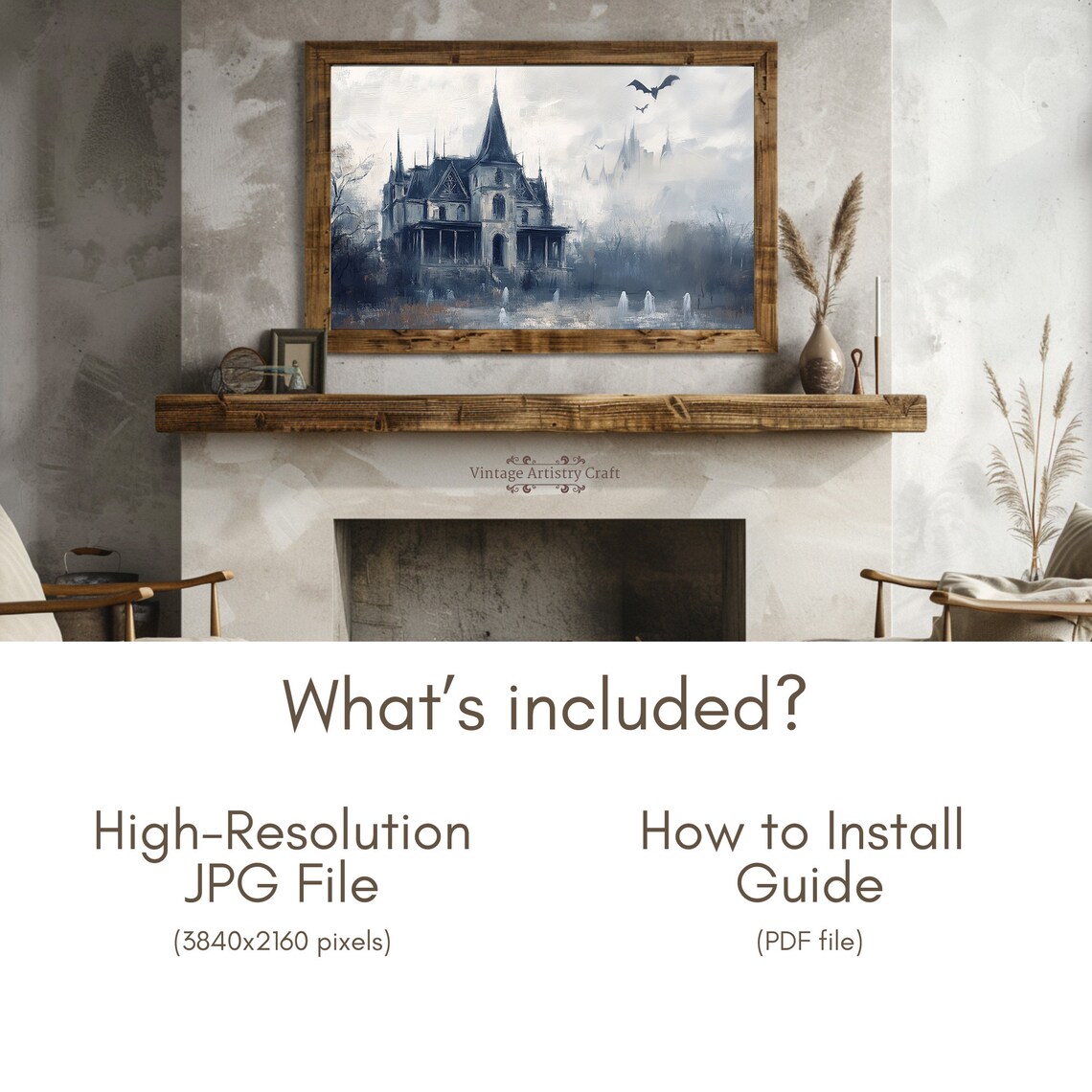 Misty Blue Grey Haunted Mansion Ghosts Bats Eerie Manor Poster - Image 6
