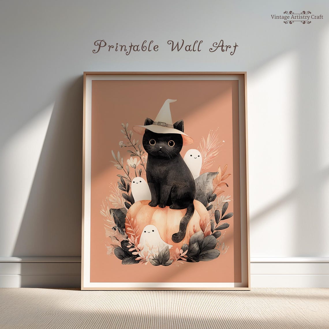 Black Cat Halloween Decor Print Cute Witch Hat Spooky Pumpkin Autumn Wall Art Vintage Fall Rustic Farmhouse