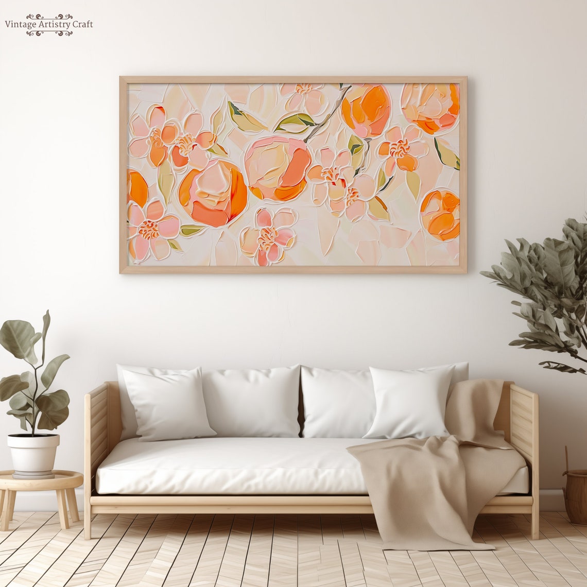 Textured Peach Blossom Impasto Orange Citrus Floral Canvas Poster - Image 6