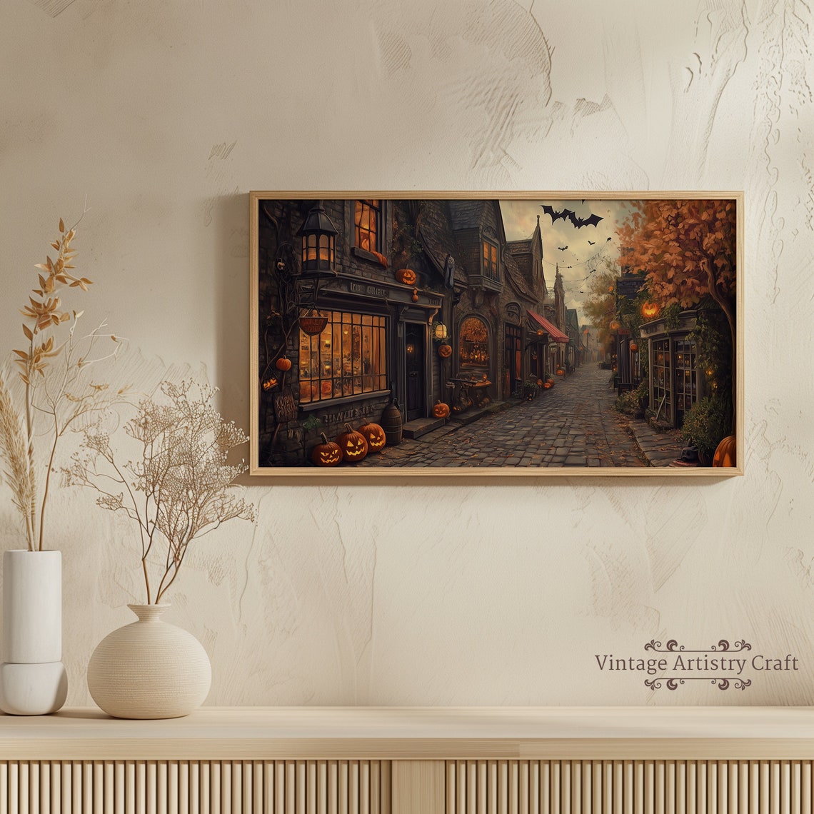 Gothic Halloween Market Street Pumpkins Bats Vintage Spooky Poster - Image 2