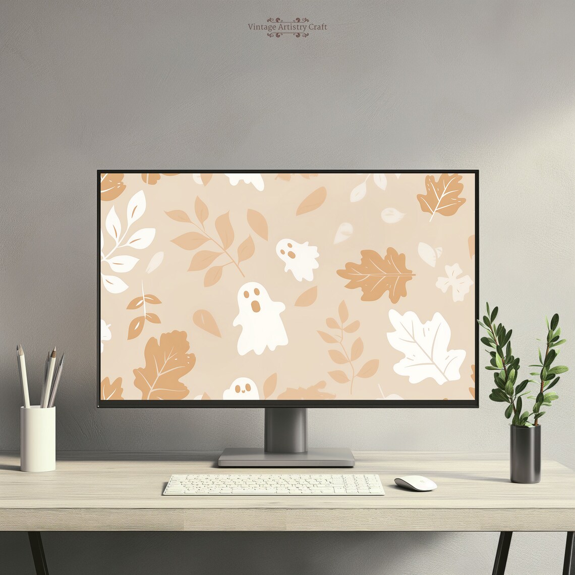 Cute Ghost Neutral Beige Aesthetic Halloween Art Print - Image 4