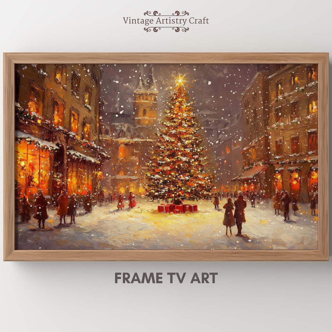 Winter Frame Tv Art Christmas Tree Warm Street Town Moody Farmhouse Tv Decor Vintage Oil Painting 4k