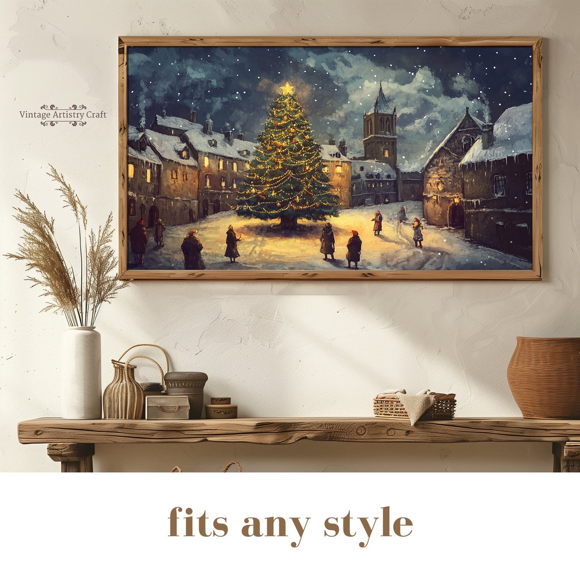 Christmas Tree Star Town Square Snowy Winter Village Night Poster - Image 8