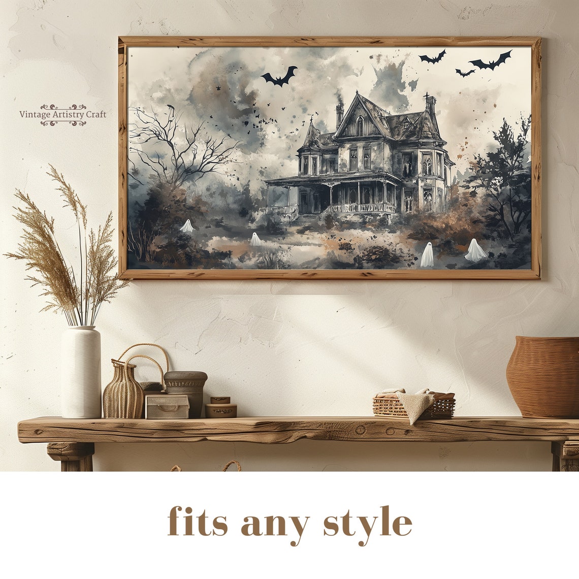 Watercolor Haunted House Ghosts Bats Spooky Manor Halloween Poster - Image 7
