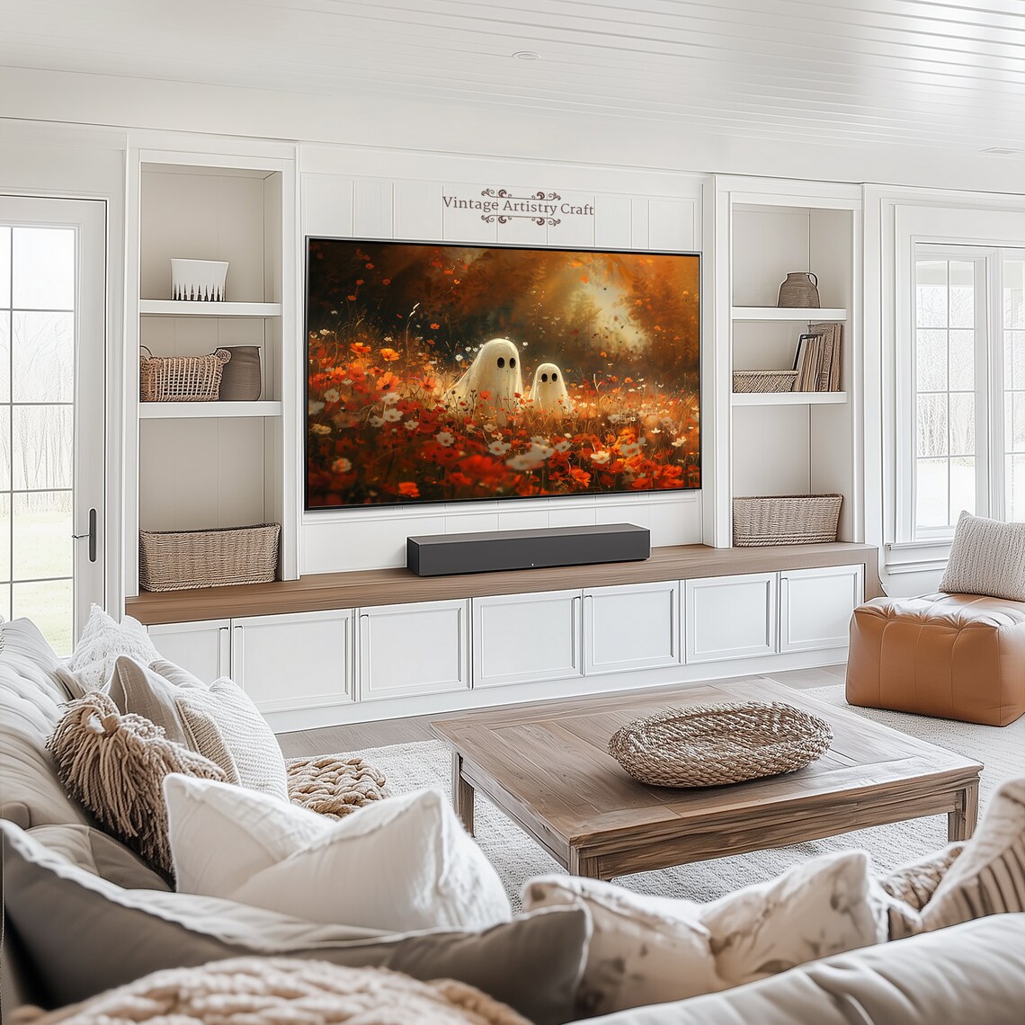 Cute Ghosts Autumn Wildflower Field Cozy Whimsical Halloween Poster - Image 3