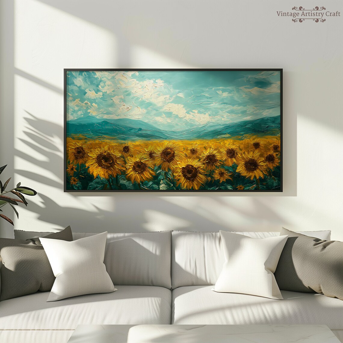 Golden Sunflower Field Teal Mountains Impasto Oil Painting Poster - Image 8