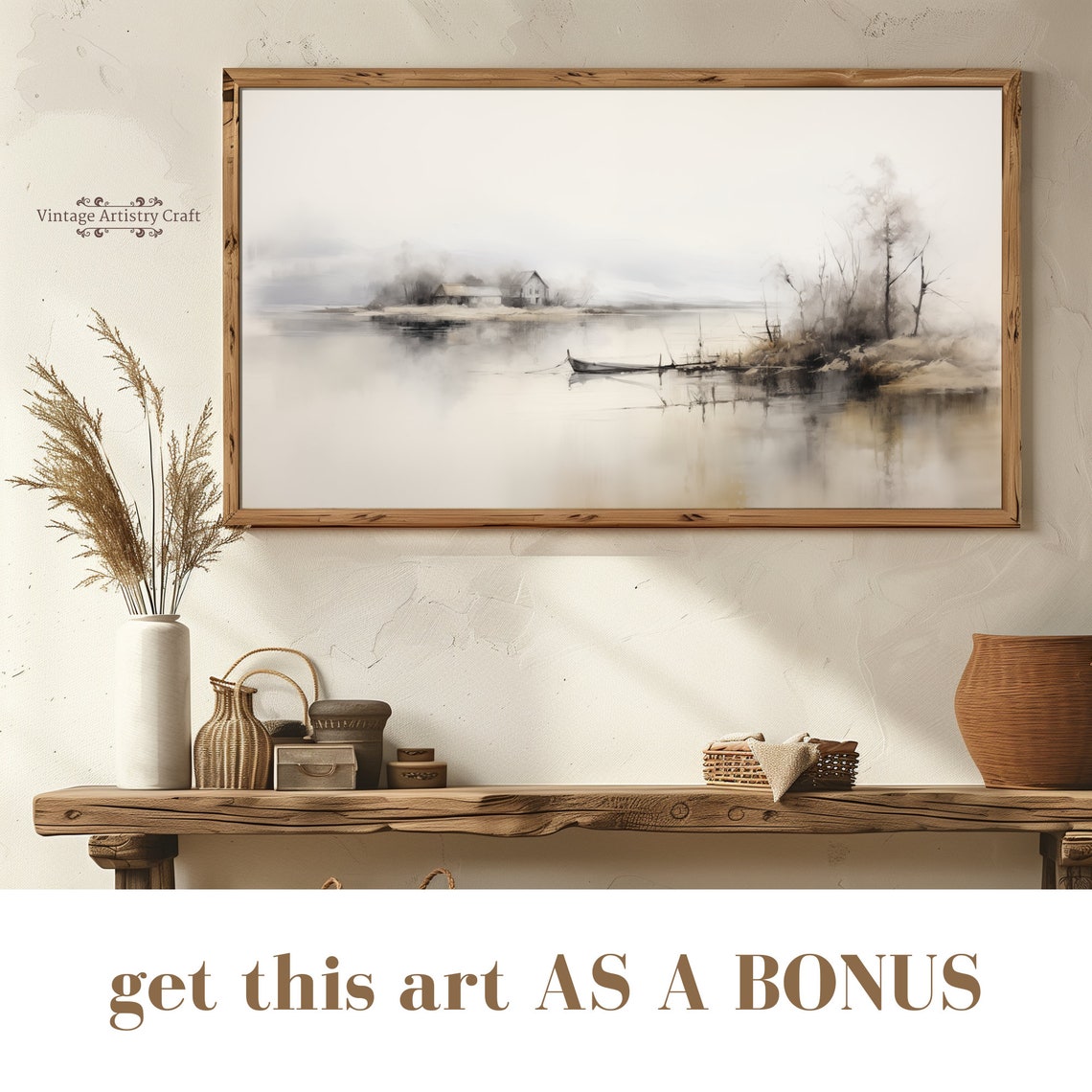 Muted Tonal Misty Lake Cabin Boat Neutral Watercolor Painting Poster - Image 4