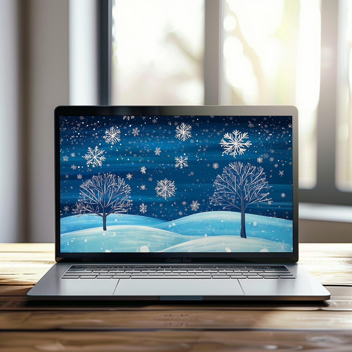 Snowy Winter Night Blue Snowflakes Starry Trees Desktop Art Poster - Image 6