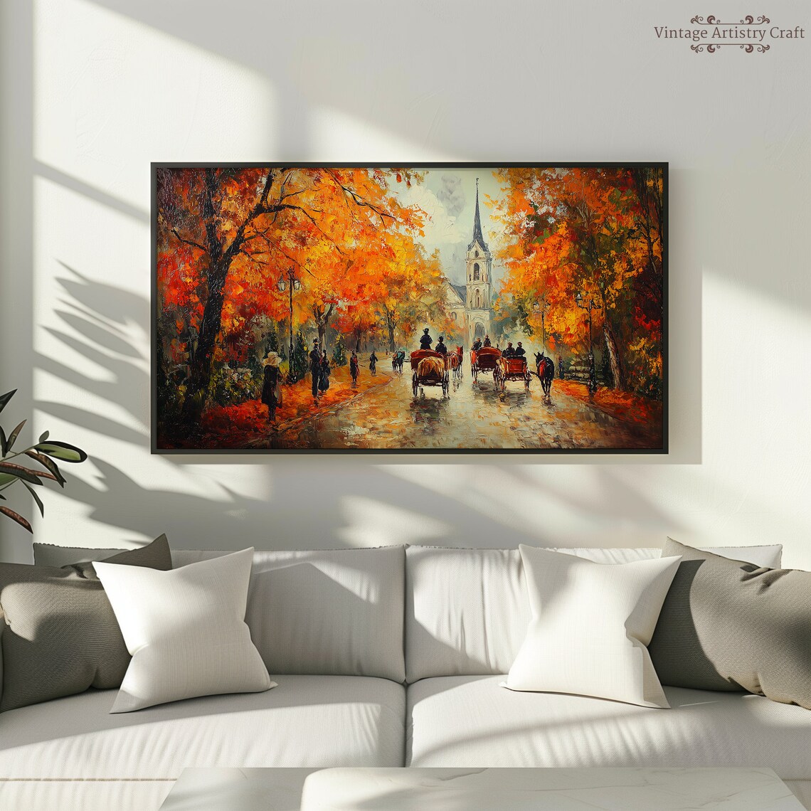 Textured Autumn Horse Carriage Vintage Oil Art Print - Image 2