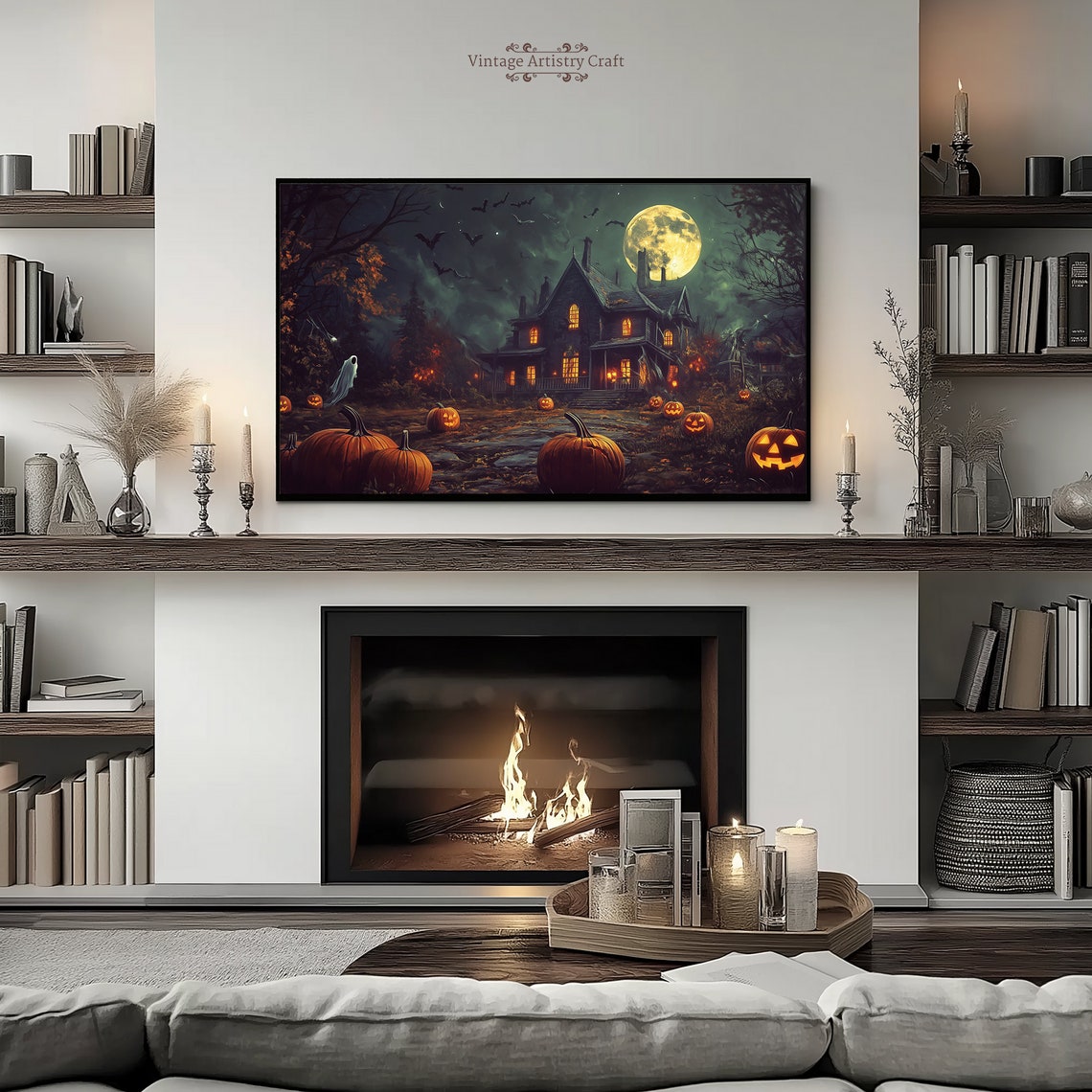 Spooky Haunted House Night Pumpkins Bats Full Moon Halloween Poster - Image 5