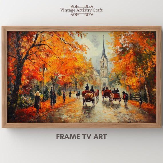 Textured Autumn Horse Carriage Vintage Oil Art Print