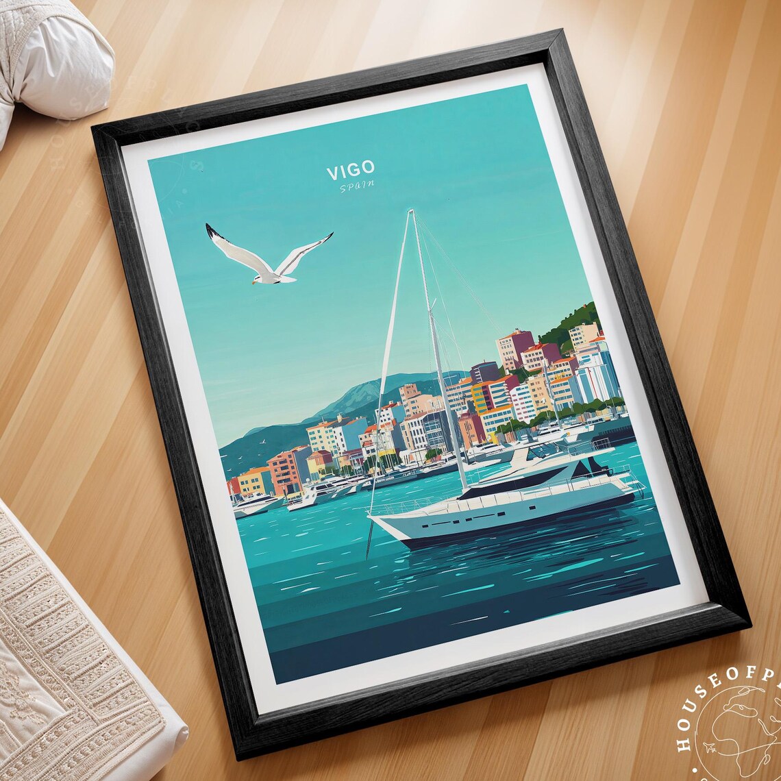 Vigo Spain Coastal Harbor Sailboat Seagull Vintage Travel Poster
