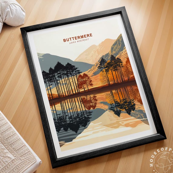 Buttermere Lake District Travel Poster Autumn Pines Lake Reflection Art