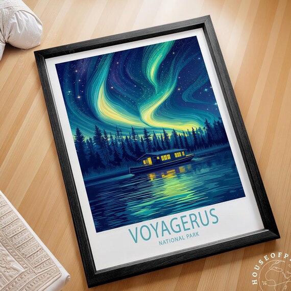Voyageurs National Park Aurora Borealis Lake Cabin Night Travel Poster