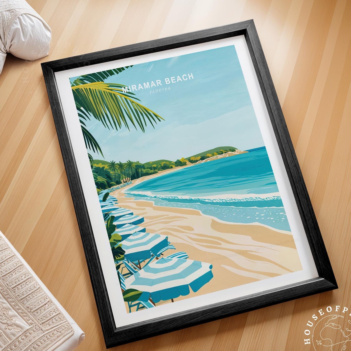 Miramar Beach Florida Sunny Shore Blue Umbrellas Palms Travel Poster