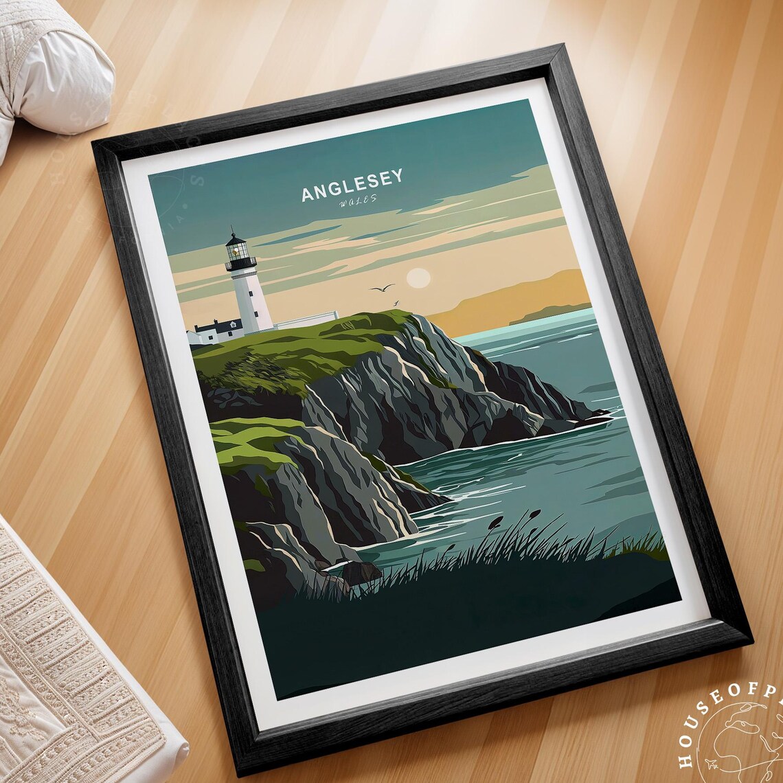 Anglesey Wales Lighthouse Coastal Cliffs Sunset Seascape Travel Poster